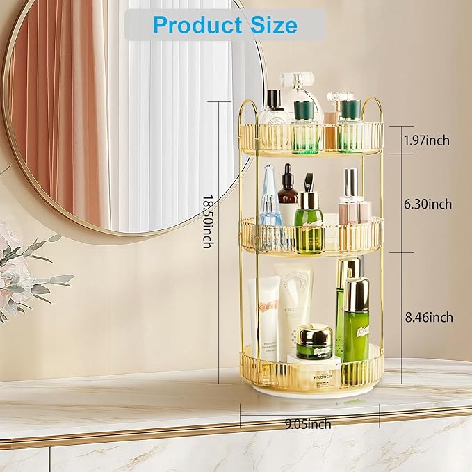360 Rotating Makeup Organizer - Large Capacity Spinning Perfume & Cosmetic Skincare Holder for Vanity & Countertop (Vibrant Orange, 3 Tier)