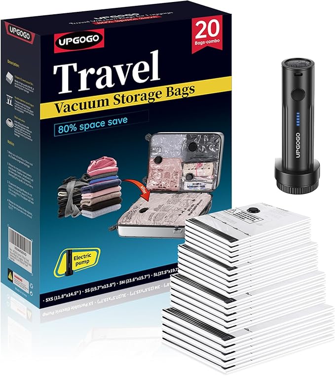 UPGOGO Travel Vacuum Bags for Luggage with Portable Electric Pump,Vacuum Seal Bags for Clothing,Packing Cubes Compression,Cruise Ship and Travel Essentials(Combo 20 Pack)