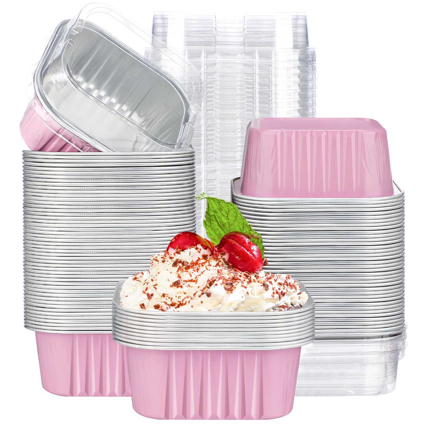 EUSOAR Creme Brulee Ramekins Disposable, 50pcs 10oz Cupcake Liners Foil Baking Cups with Lids, Aluminum Muffin Cups Square Dessert Wrappers Mini Cake Loaf Bread Pans for Wedding Birthday Party