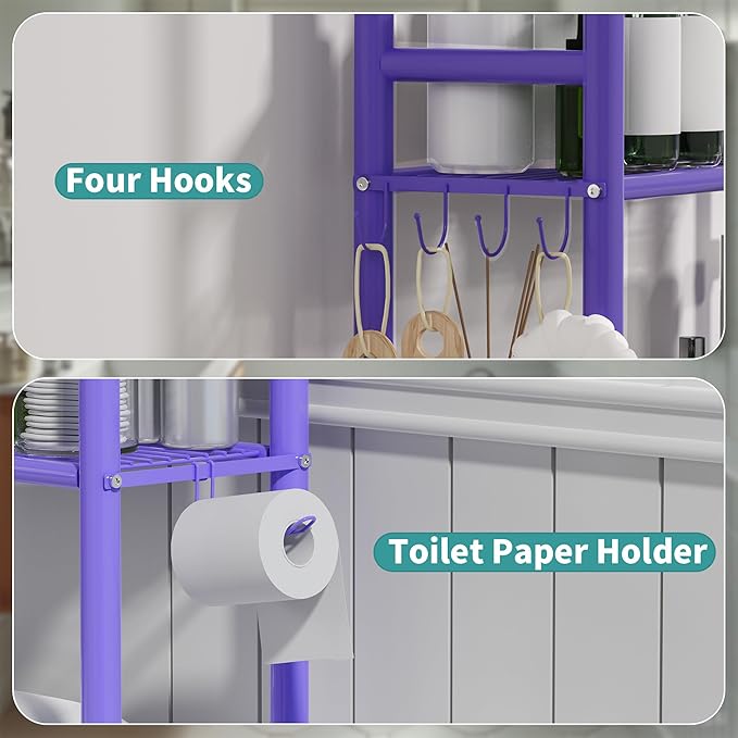 3-Tier Over The Toilet Storage with Paper Holder, Metal Bathroom Organizers and Storage for Small Space, Freestanding Bathroom Shelves with 4 Hooks, Above The Toilet Storage Shelf (Purple)
