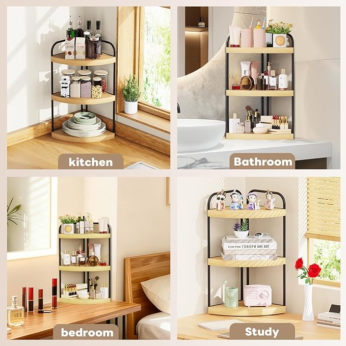 Abiglifty Corner Bathroom Counter Organizer, No Drill 3-Tier Corner Shelf Bathroom Counter, Space-Saving Countertop Organizer, Corner Counter, Vanity Organizers (Wood Grain)