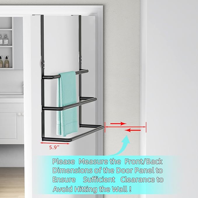 Over The Door Towel Rack, 304 Stainless Steel Towel Rack, 3 Tier Towel Bar for Hanging Towels, 16 Inch Over Door Towel Storage Holder for Bathroom, Matte Black