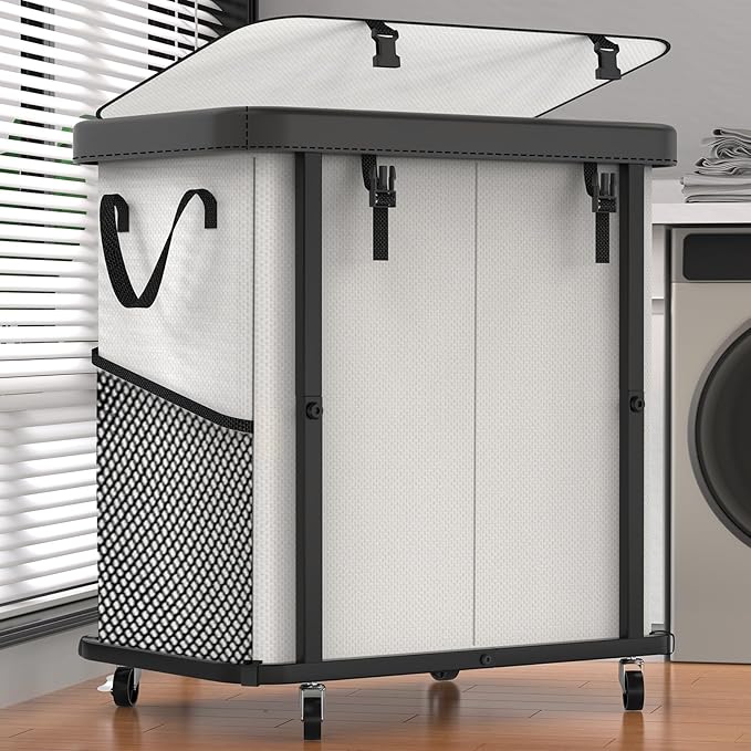 190L (50 Gal) Large Fashion Laundry Basket with Wheels, Leather Patchwork Rolling Hamper Carts, Sturdy Metal Frame, Removable Washable Bag, Tall Clothes Sorter for Bedroom, Laundry Room - Beige