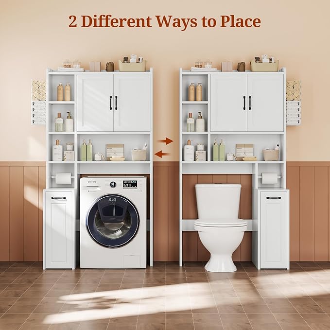 Over The Toilet Storage Cabinet with Pulley Small Bathroom Storage Cabinet, Space Saver W/Adjustable Shelf & Towel Rack for Bathroom, Restroom, Laundry (White-Type B)