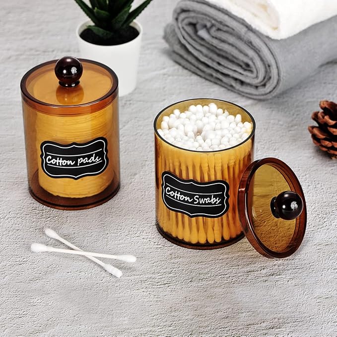 SheeChung 4-Pack Amber Acrylic Apothecary Jars - (2) 10oz & (2) 12oz Qtip Holder Set - Shatterproof Bathroom Vanity Organizer for Cotton Swabs, Balls, Pads - Modern Farmhouse Decor