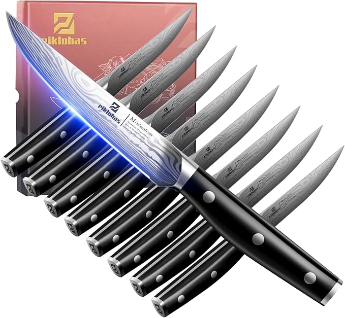 Piklohas Steak Knives Set of 8, 4.6 Inch Non Serrated Dinner Knife, Forged German Steel Damascus Pattern Straight Edge Meat Knife with Full Tang Handle, Dishwasher Safe, Ideal for Gift