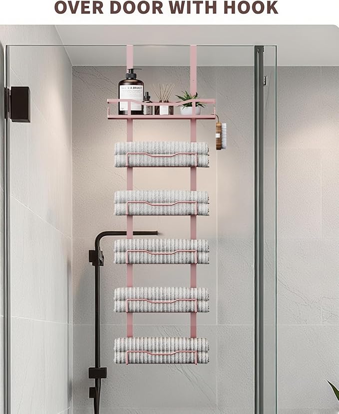 Hanging Towel Racks for Bathroom No Drill - 6-Tier Over The Door Bath Towel Storage Organizer for Small Bathrooms - Tiered Back of Door Towel Holder Hanger for Rolled Towels RV Camper Rose Gold