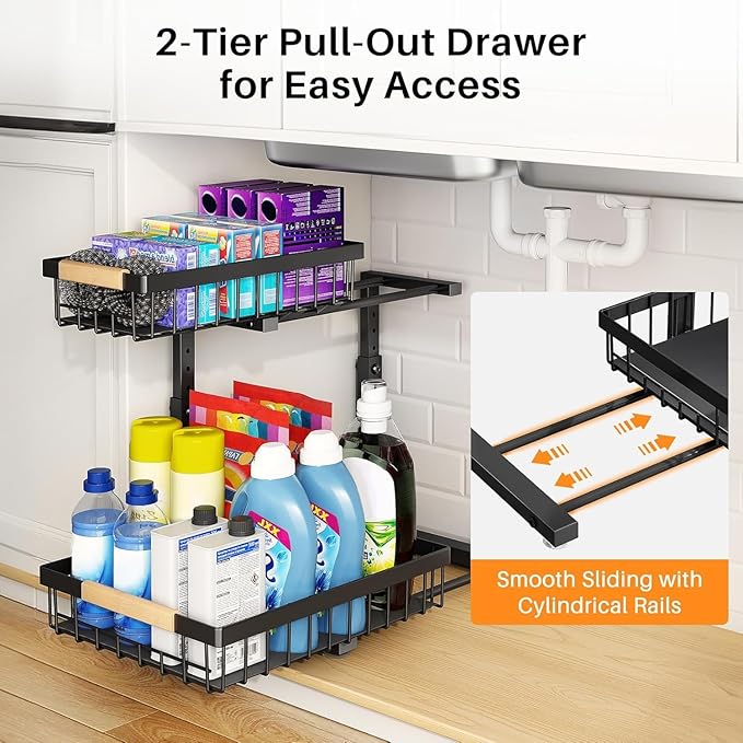 PXRACK Under Sink Organizer, Adjustable Height, 2-Pack 2 Tier Pull Out Under Cabinet Organizer, Slide Out Thickened Metal Under Sink Storage for Kitchen Bathroom Laundry Pantry Cabinet, S, Black