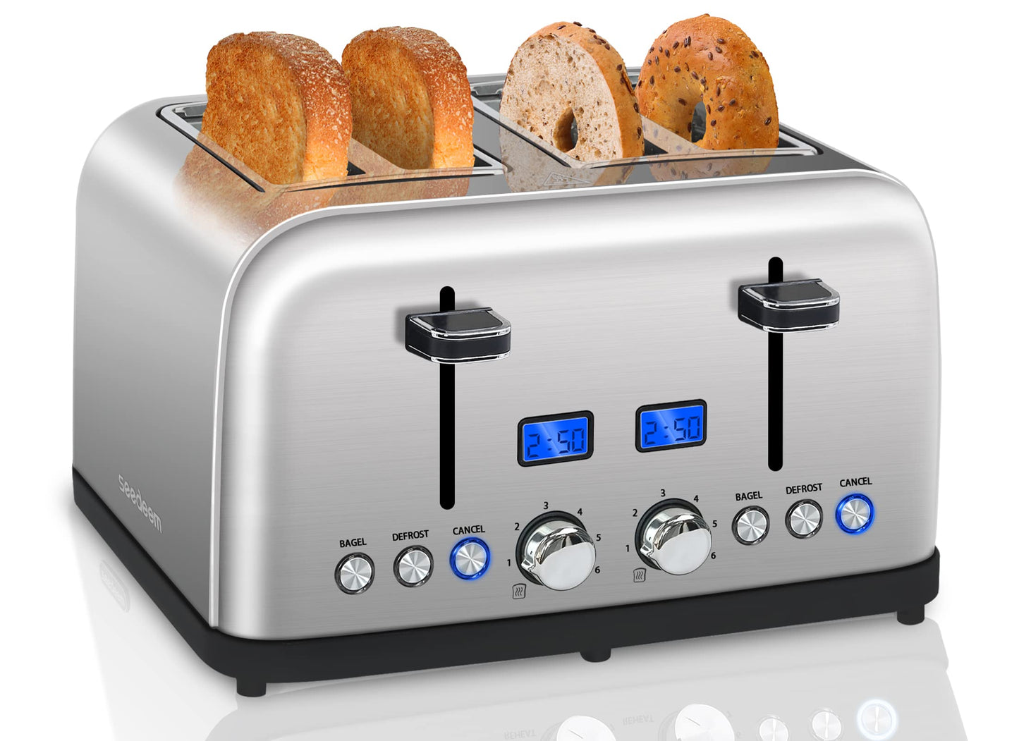 SEEDEEM Toaster 2 Slice, LCD Display, 7 Shade Settings, 1.4'' Wide Slots, Stainless Steel Digital Toaster for Bagel, Defrost, Reheat, Removable Crumb Tray, 900W, Grey