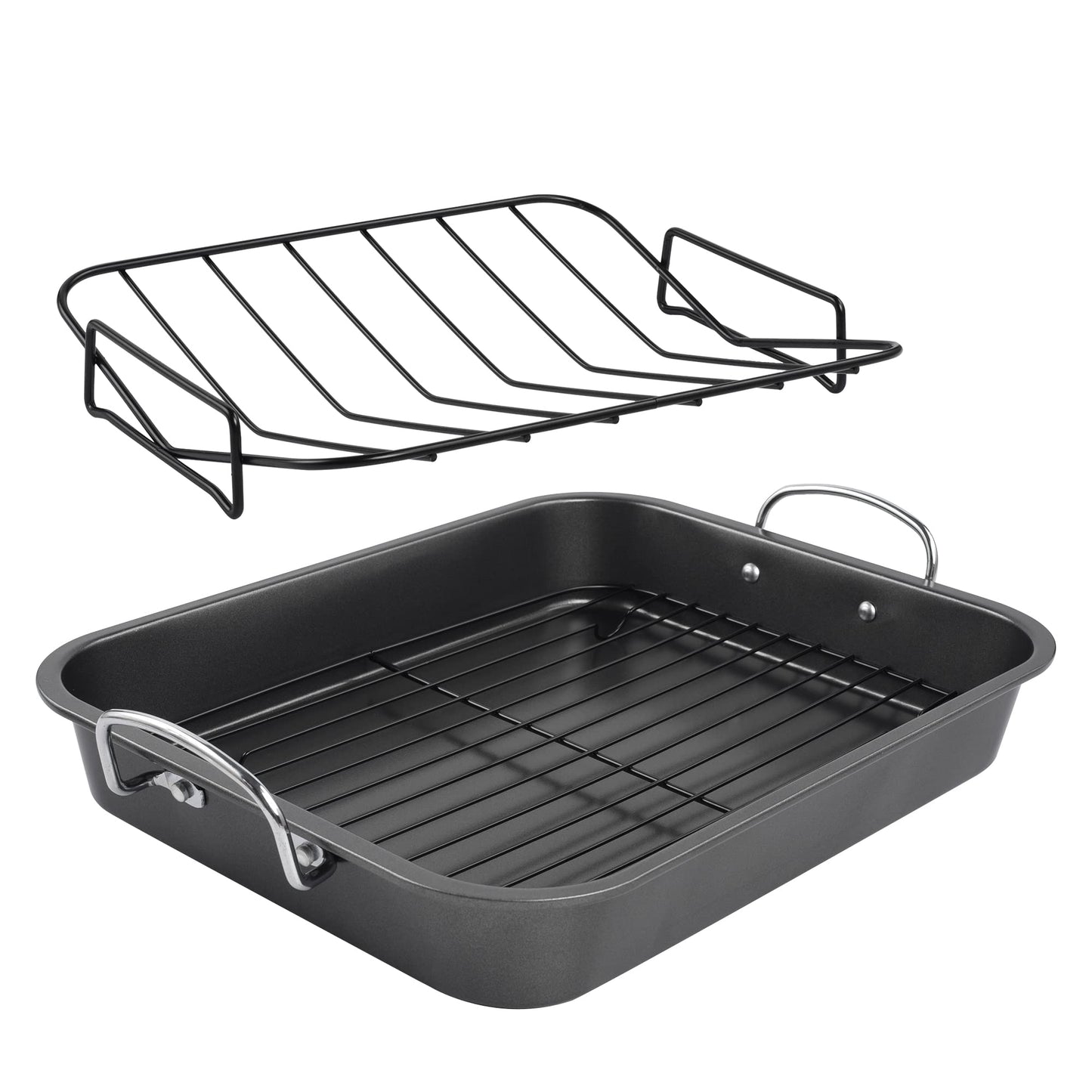 KitCom Nonstick Roasting Pan, Roaster with Cooling Rack and V-Rack - 16 Inch Rectangular Turkey Roaster Lasagna Pan for Easter, Thanksgiving & Christmas, Dishwasher Safe, Bronze