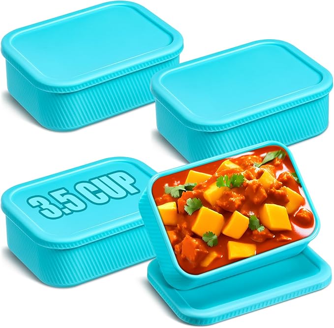 Nuogo 4 Pcs 3.5 Cup Silicone Freezer Trays with Lid Soup Containers, Blue