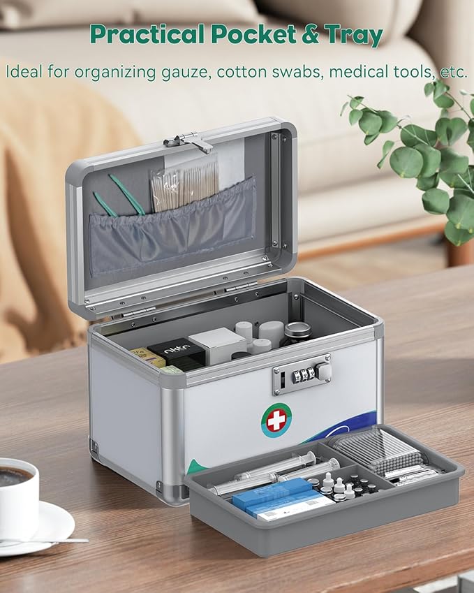 Uniclife Medicine Lock Box First Aid Box with Combination Lock & Handle Portable Medication Metal Lockable Medicine Storage Box Security Lock Box for Medications, 10" x 6" x 6.5"
