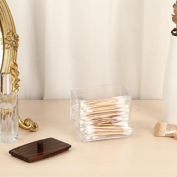 Hipiwe Clear Acrylic Qtip Holder Apothecary Jar with Wood Lid Cotton Ball and Swab Organizer Bathroom Accessories Canister Paperclip Organizer for Cotton Round Pads, Floss Picks