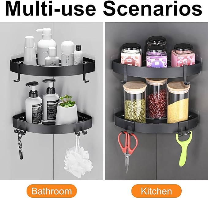 Adhesive Corner Shower Caddy with Hooks,Bathroom Shower Organizer, No Drilling Rust Proof Aluminum Shower Shelf for Inside Shower 2 Pack (Black)