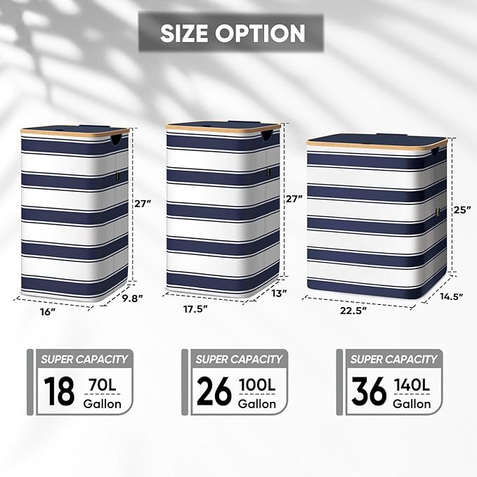 BALEINE Laundry Hamper with Lid, Tall Laundry Baskets with Bamboo Pull Handles, Large Laundry Bin with Internal Support (18 Gal/70L, Blue Stripe)