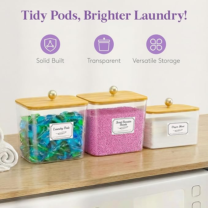 Lifewit Large Laundry Pods Container& Dryer Sheet Holder, Laundry Storage Containers, Laundry Room Organization Storage Jars for Powder, Scent Booster Beads,Bamboo Lid,0.53+0.7 gal,4 Pcs