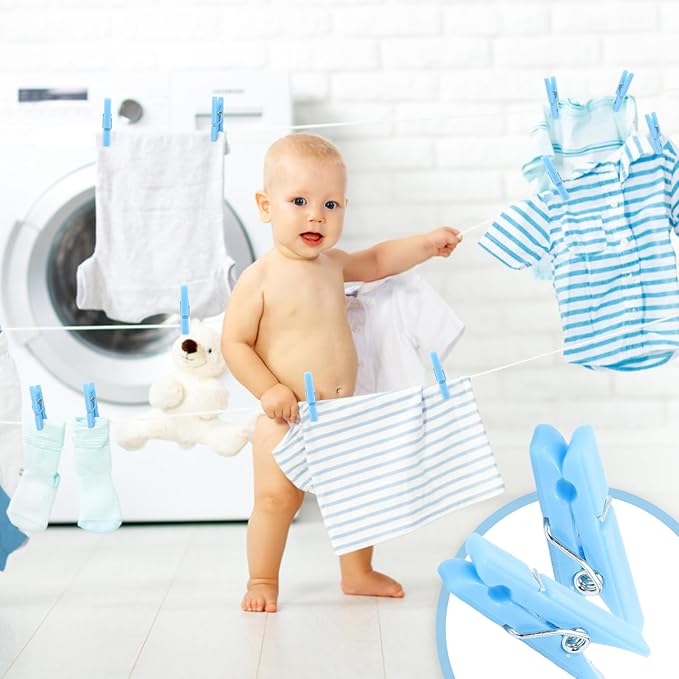 100PCS Baby Shower Clothespins Games Boy Plastic Clothes Pin with Storage Bag Mini Blue Pin Bulk 1.4 inch for Party Decorations, DIY Crafts