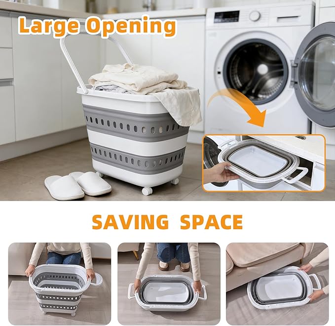 2 Pcs 50L Collapsible Plastic Laundry Basket Hamper with Wheels, Foldable Laundry Basket with Handles, Pop Up Storage Container Organizer for Washing Storage