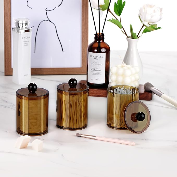 SheeChung 4-Pack Amber Acrylic Apothecary Jars - (2) 10oz & (2) 12oz Qtip Holder Set - Shatterproof Bathroom Vanity Organizer for Cotton Swabs, Balls, Pads - Modern Farmhouse Decor