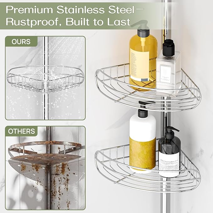 ALLZONE Corner Shower Caddy Tension Pole, 4-Tier Adjustable Shelves, Rustproof Bathroom Shower Organizer Corner for Inside Shower Storage, Tension Mounted, 56 to 113 Inch Height, Sliver