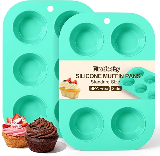 Firstfooby 2 Pack Silicone Muffin Pan for Baking, Regular Size Nonstick Cupcake Pan, 6-Cup Silicone Muffin Tin BPA Free Dishwasher Safe, Great for Muffin Cupcake Brownie Egg Tart