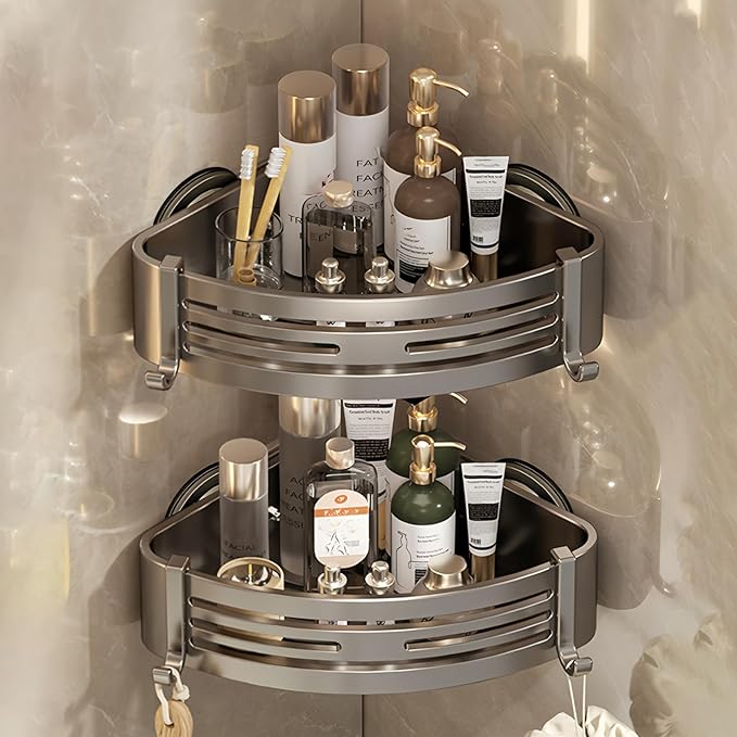 Corner Shower Caddy Suction Cup,Shower Shelves with Hooks,No Drilling Powerful Suction Bathroom Organizers and Storage,Removable Waterproof Rustproof Shower Bathroom Accessories Decor(Grey 2Pack)