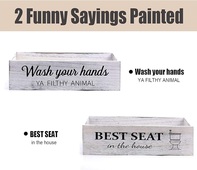 Bathroom Decor Box, Toilet Paper Basket With 2 Sides Signs, Farmhouse Tank Topper, Rustic Home Decor for Livingroom Kitchen (One Whitewashed Box)