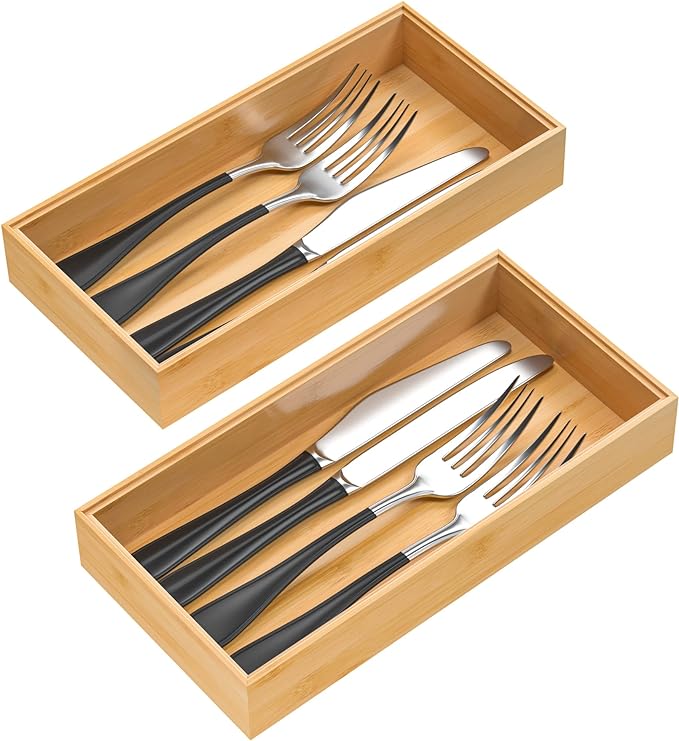 VeyFey Silverware Tray for Drawer, Stackable Kitchen Bamboo Drawer Organizer 9" x 3" x 2" Set of 2