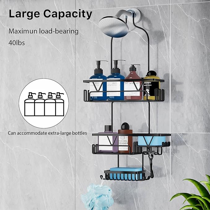 Over the Shower Head Caddy with 2 Baskets & Soap Holder, Non-Slip Design for 0.82-Inch Showers, Black, Stainless Steel