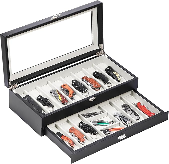 AUTOARK 3-Tier PU Leather & Velvet Knife Organizer with 26 Slots,Transparent Glass Top & Drawer,Compact Storage for Pocket Knives,Ideal for Men's Collections & Gifts,Black,MKAW016