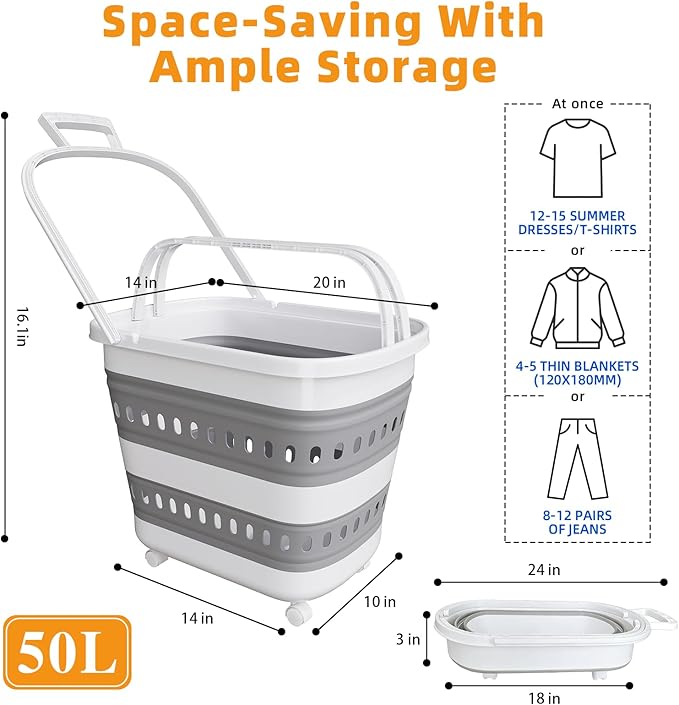 2 Pcs 50L Collapsible Plastic Laundry Basket Hamper with Wheels, Foldable Laundry Basket with Handles, Pop Up Storage Container Organizer for Washing Storage