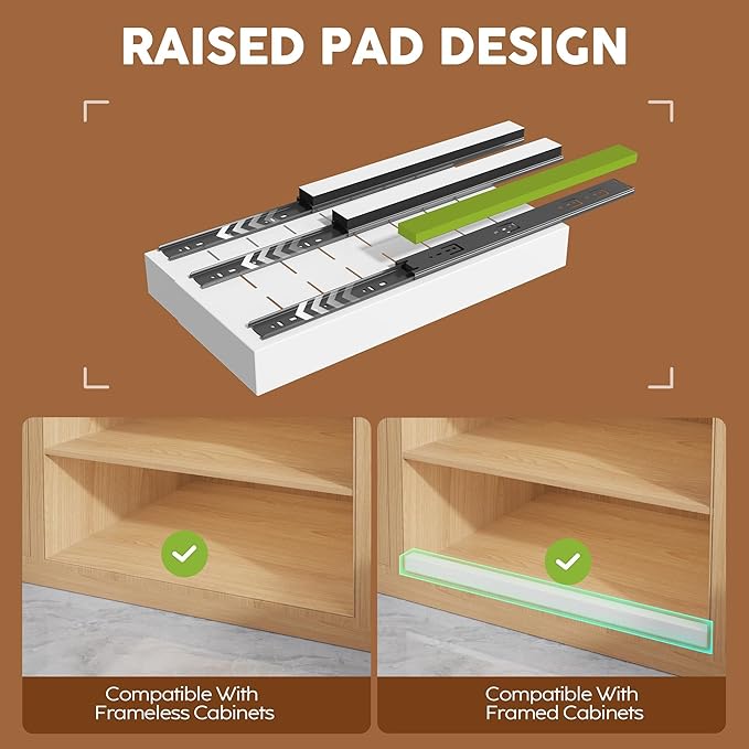 4 Pack Expandable Width (9"-14.1") Pull Out Cabinet Organizer 21" Deep with Raising Pad for Framed Cabinets, Upgrade 3 Slide Rails Slide Out Drawers, Roll Out Shelves Adhesive, White