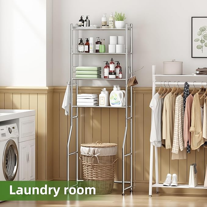 Over The Toilet Storage Cabinet, Metal 4 Tier Bathroom Shelves Over Toilet, Bathroom Oragnizer with 4 Hooks and Paper Holder, Chrome