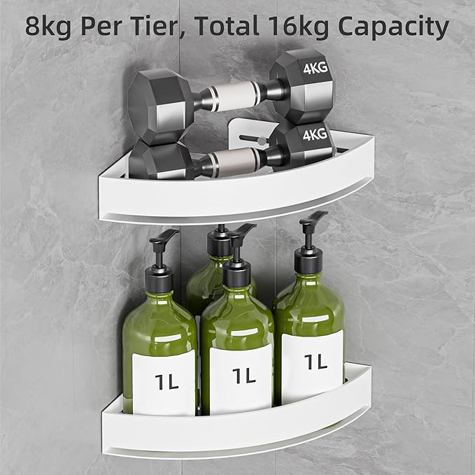 Aluminium Shower Corner Shelves - Rustproof Shower Caddy No Drilling Installation Shampoo Holder, White Shelves for Wall for Bathroom Storage,Holds 20LB