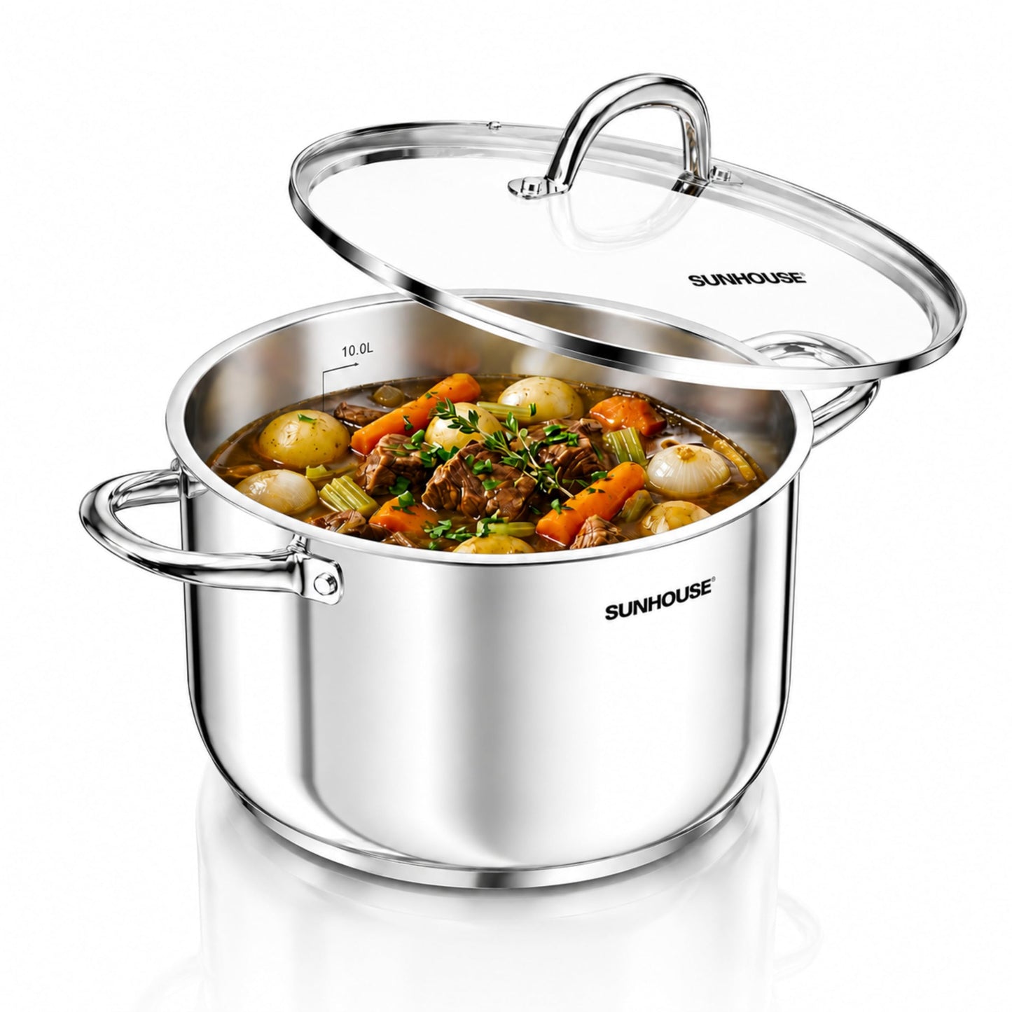 Sunhouse: Stainless Steel Stock Pot - 11 Quart - Tempered Glass Lid, 3-Ply Bottom, Soup-Pasta-Food, Boil-Simmer, All Cooktops, Dishwasher & Oven Safe