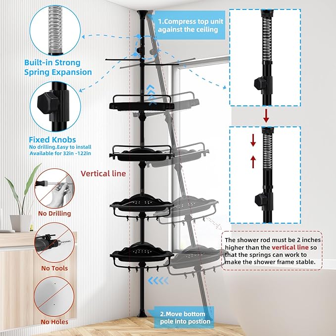 32-122inch Corner Shower Caddy Tension Pole Black, Rustproof Drill-Free Shower Shelves for Bathroom Bathtub Washbasin, Adjustable Shower Organizer with 4 Tier Patent Stable Shelves & Towel Bars