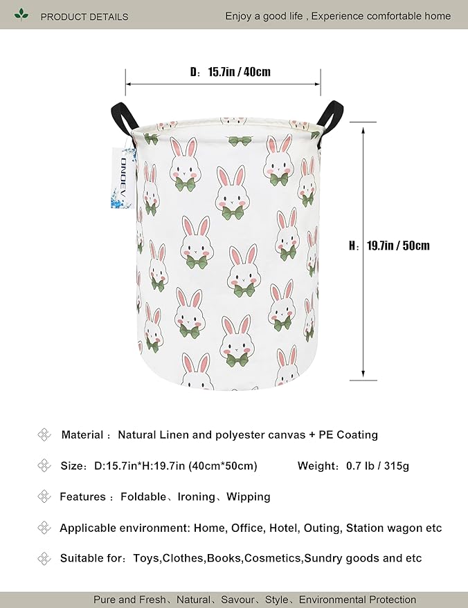 Round waterproof laundry basket,foldable storage basket,laundry Hampers with handle,gift basket,suitable for children's room and toy storage (Rabbit)