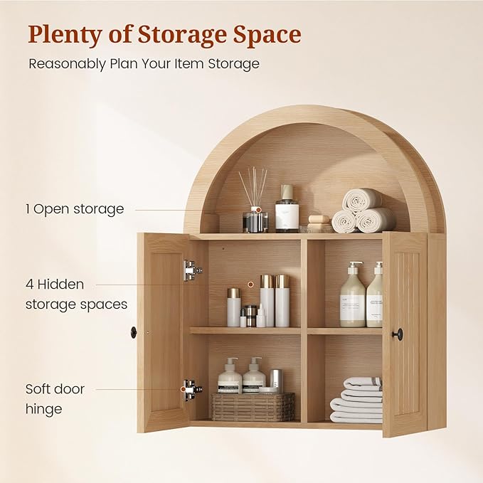 Arched Bathroom Wall Cabinet, 23.6 x 30.3'' Over The Toilet Cabinet with Grille Door, Adjustable Shelf, Wall Mounted Cabinets for Bathroom Laundry Room Kitchen (Oak, 30IN)
