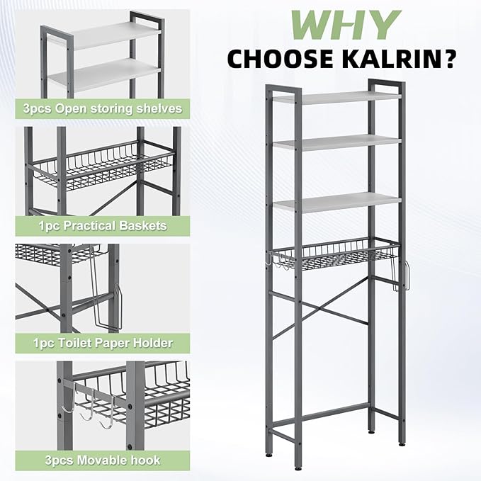 Over-The-Toilet Storage Rack, 4-Tier Bathroom Organizer Shelf Over Toilet with Adjustable Shelf and Basket, Freestanding Space Saver Bathroom Shelves Above Toilet for Room (Gray- White)