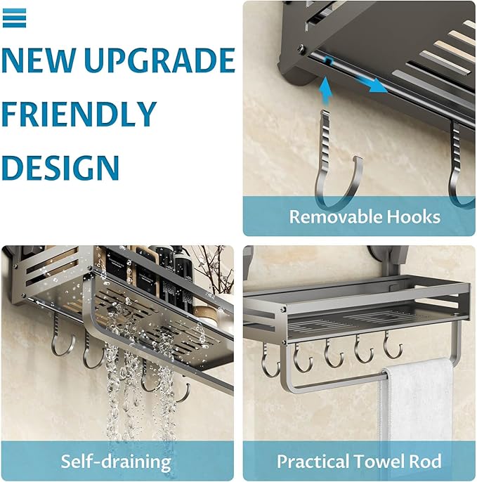 Onemake Shower Caddy Suction Cup, 1 Pack 11.8 inch Aluminum Suction Showers Organizer with Towel Bar & Hooks, Rustproof Shower Shelf, NO-Drilling Bathroom Shelf Storage Rack, Gray