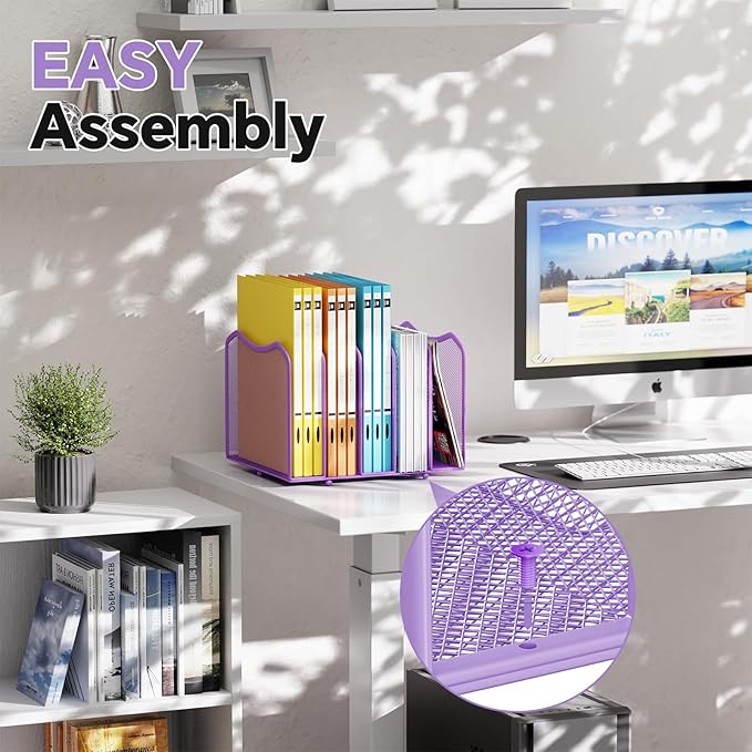 Simple Trending Mesh Desktop File Sorter Organizer, 5-Section Bookshelf for Desk Home Office, Purple
