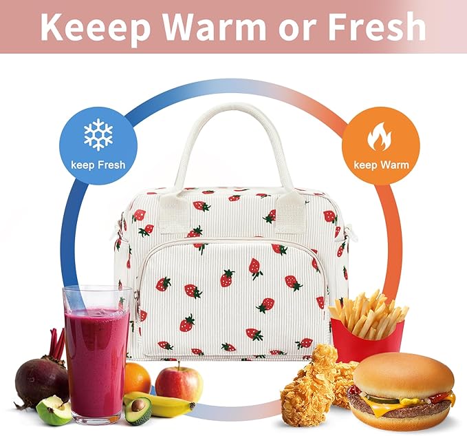Lunch Bag Women Lunch Box for Women Adult Cute Insulated Lunch Bag Lager Cooler Lunch Tote Bags for Work Picnic (Beige-Strawberry)
