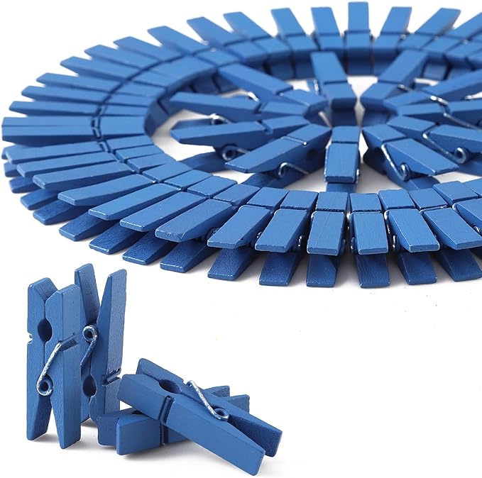 HSTECH 100 Pcs Blue Mini Natural Wooden Clothespins and 82 Ft Jute Twine, Baby Clothes Pins, 1.38in Craft Photo Clips for Home School Arts Crafts Decor, DIY Decoration's, Arts and Crafts, Weddings