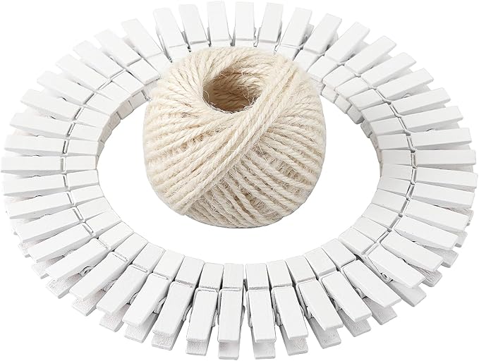 HSTECH 100 Pcs White Mini Natural Wooden Clothespins and 82 Ft Jute Twine, Baby Clothes Pins, 1.38in Craft Photo Clips for Home School Arts Crafts Decor, DIY Decoration's, Arts and Crafts, Weddings