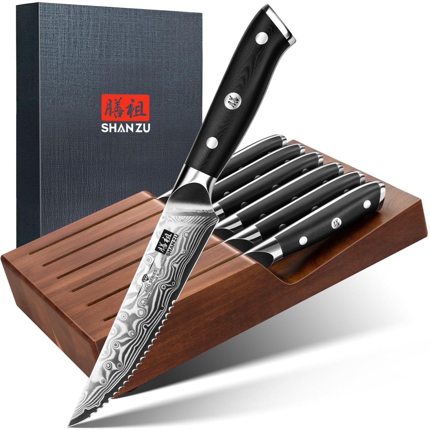 SHAN ZU Damascus Kitchen Knife Set, 7 Pcs Professional Knife Sets for Chefs