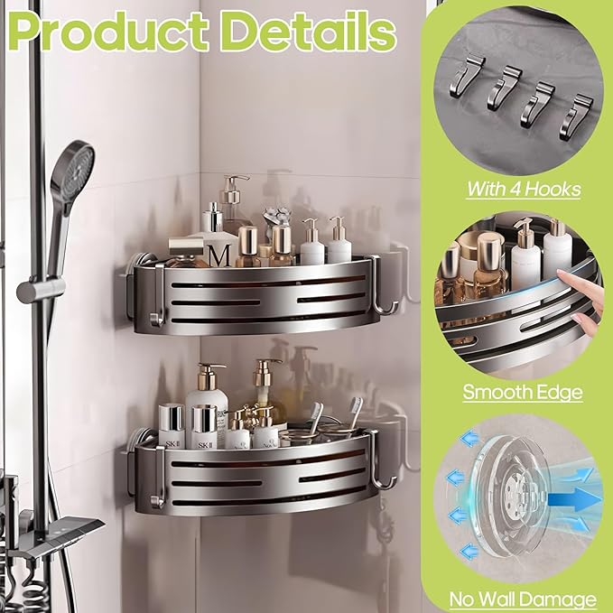 Corner Shower Caddy Suction Cup,Shower Shelves with Hooks,No Drilling Powerful Suction Bathroom Organizers and Storage,Removable Waterproof Rustproof Shower Bathroom Accessories Decor(Grey 2Pack)