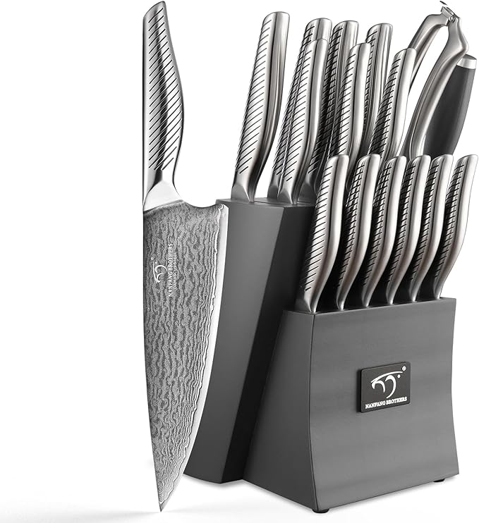 NANFANG BROTHERS® 10 Pieces Damascus Kitchen Knife Set, High Carbon Stainless Steel Damascus Steel Chef Knife Set, Stainless Steel Ergonomic Handle for Chef, with Built-in Sharpening Rod NF