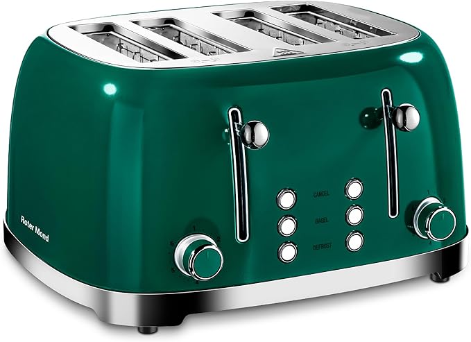 4 Slice Toaster Roter Mond Retro Stainless Steel with Bagel Defrost Cancel Function, 6 Browning Settings, Extre Wide Slot and Removable Crumb Tray, Cream, ST033