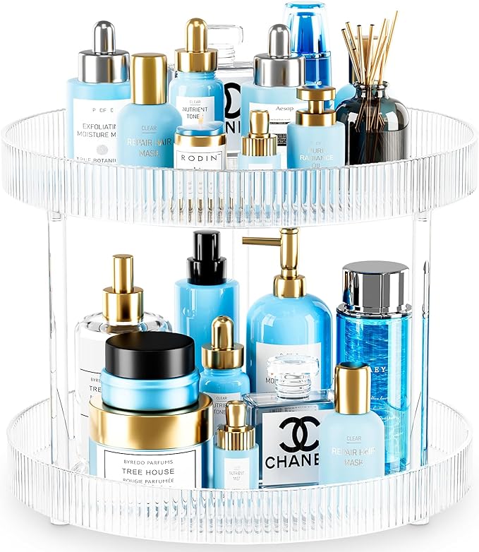 360° Clear Rotating Storage Tray, 2 Tier Lazy Susan Bathroom Countertop Organizer, Cosmetics and Perfume Organizer, Spinning Storage Tray Vanity Organizer Shelf for Bathroom Cabinet, Kitchen(Medium)
