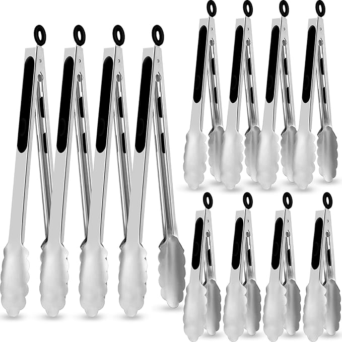 CHENGU 12 Pack Stainless Steel Kitchen Tongs 4/6/6 Inches Food Serving Clip Kitchen Cooking Tongs High Heat Resistant Clips for Cooking Non Stick Grill Salad (Gold, Diversity)